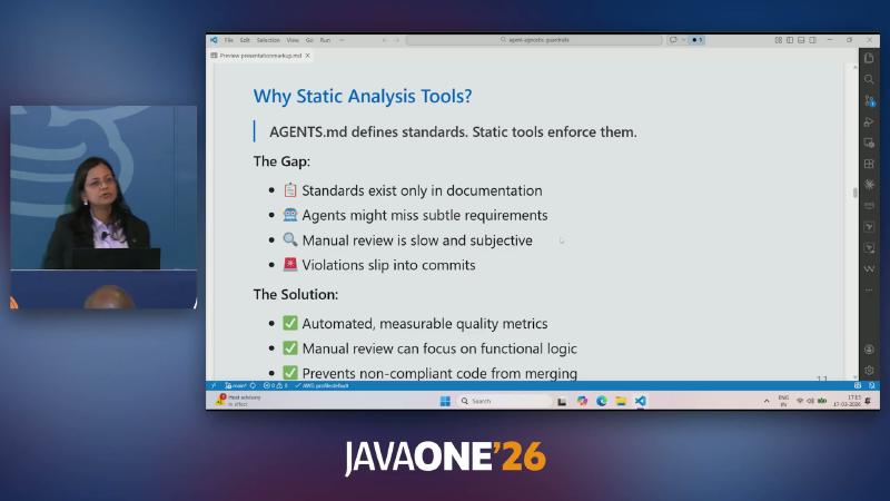 Slide: AGENTS.md defines standards; static analysis tools enforce them
