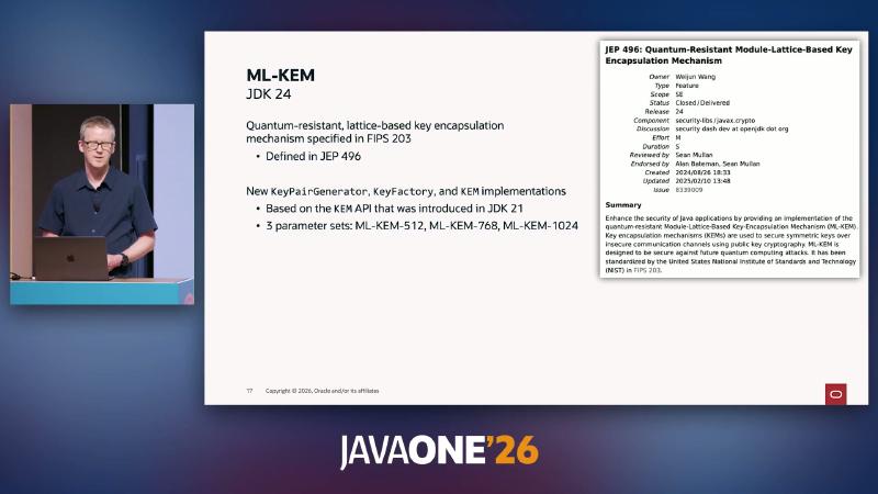 JEP 496: Quantum-Resistant Module-Lattice-Based Key Encapsulation Mechanism ML-KEM — mechanism specified in FIPS 203