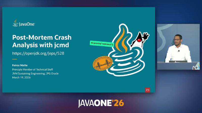JavaOne 标题页：Post-Mortem Crash Analysis with jcmd，并链到 openjdk.org/jeps/528