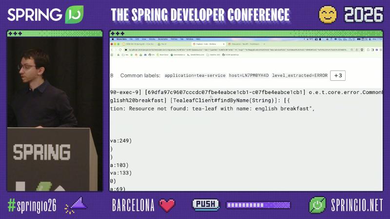 Loki: application=tea-service ERROR lines and trace fragment