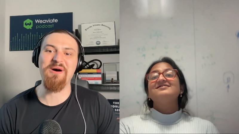 ~8 minutes: dual-host split screen; Weaviate podcast branding visible; no benchmark numbers on screen.