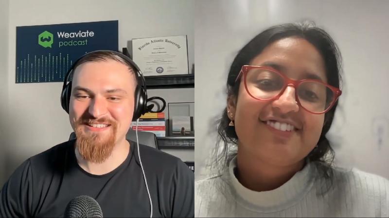 Weaviate podcast branding and dual hosts; OCR: Weaviate ATEN Nhecerahirn Nien Shera brn.