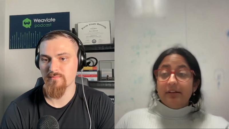 Opening split screen: left host background shows Weaviate podcast branding and a Florida Atlantic University diploma frame; right guest Shreya Shankar (red-framed glasses, light turtleneck); conversational podcast format, no technical slides.