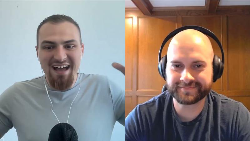 Opening split-screen remote interview: host on the left with in-ear monitors and a condenser mic; guest on the right bald with beard and over-ear headphones; wood-paneled background; no architecture slides in the episode.