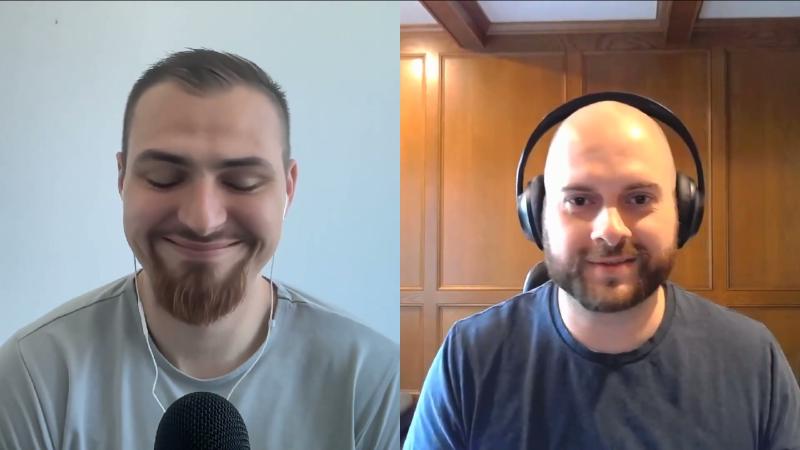 ~8 minute split-screen: host side light wall and condenser mic, guest side wood paneling; discussion of Modin and API/execution separation, no code slides on screen.