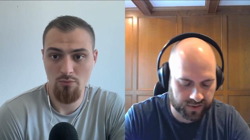 ~26 minute split-screen: host condenser mic in frame, guest over-ear headphones; spoken CSV quote splitting, no code demo on screen.