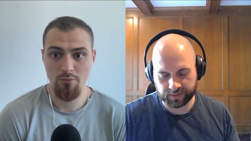 ~38 minute split-screen: guest smiling, host facing camera; spoken RAPIDS/cuDF, no GPU utilization screenshot.