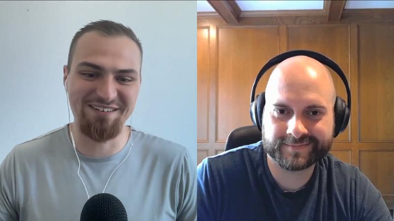 ~44 minute split-screen: both smiling, host condenser mic; LLM and API matching, no Copilot UI screenshot.