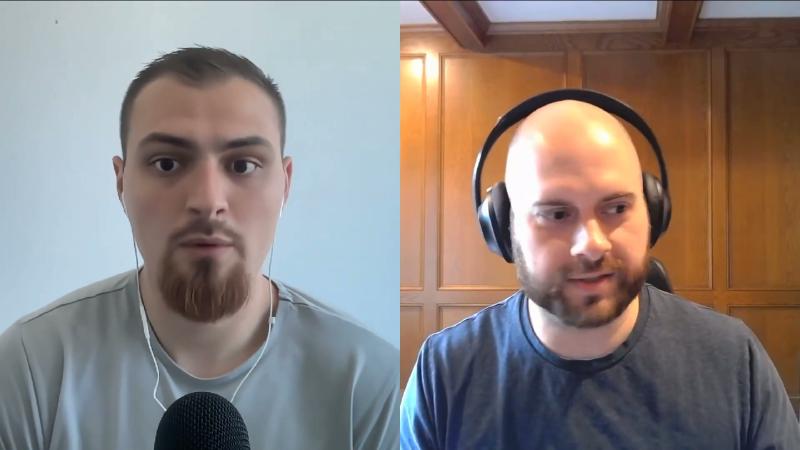 ~9 minute split-screen: both facing camera, guest in over-ear headphones; spoken dataframe algebra and PhD thesis direction, no on-screen text.